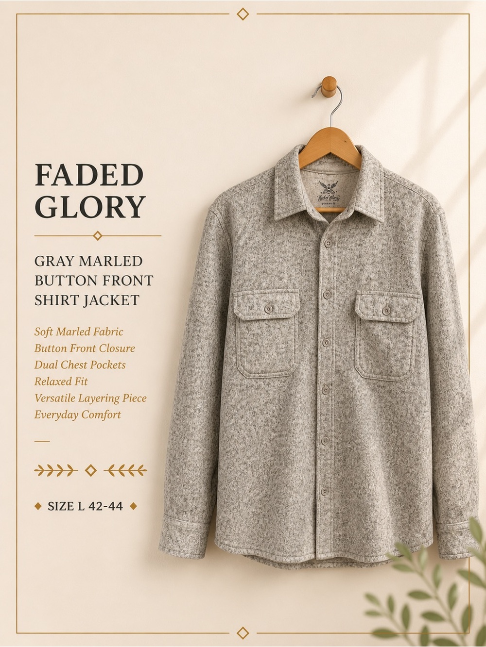 Faded Glory Gray Marled Button Front Shirt Jacket Size L 42-44
